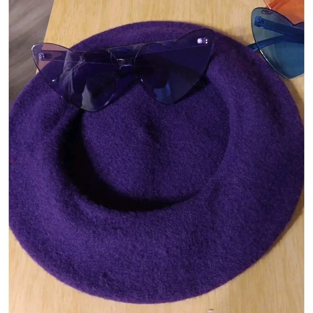 Purple Beret Wool Blend Hat One Size Matching Purple Heart Sunglasses-Decorative